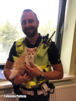 policjant trzyma na rękach kota