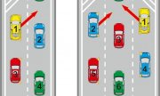 ilustrowana droga wraz samochodami i strzałki pokazujące pierszeństwo