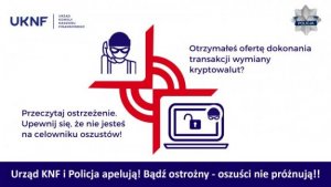 plakat informujący o oszustach przedstawiający ilustrowaną postać złodzieja i ilustrowaną postać złodzieja na tle ekranu komputerowego