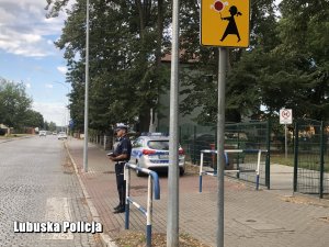 policjant przed przejściem dla pieszych